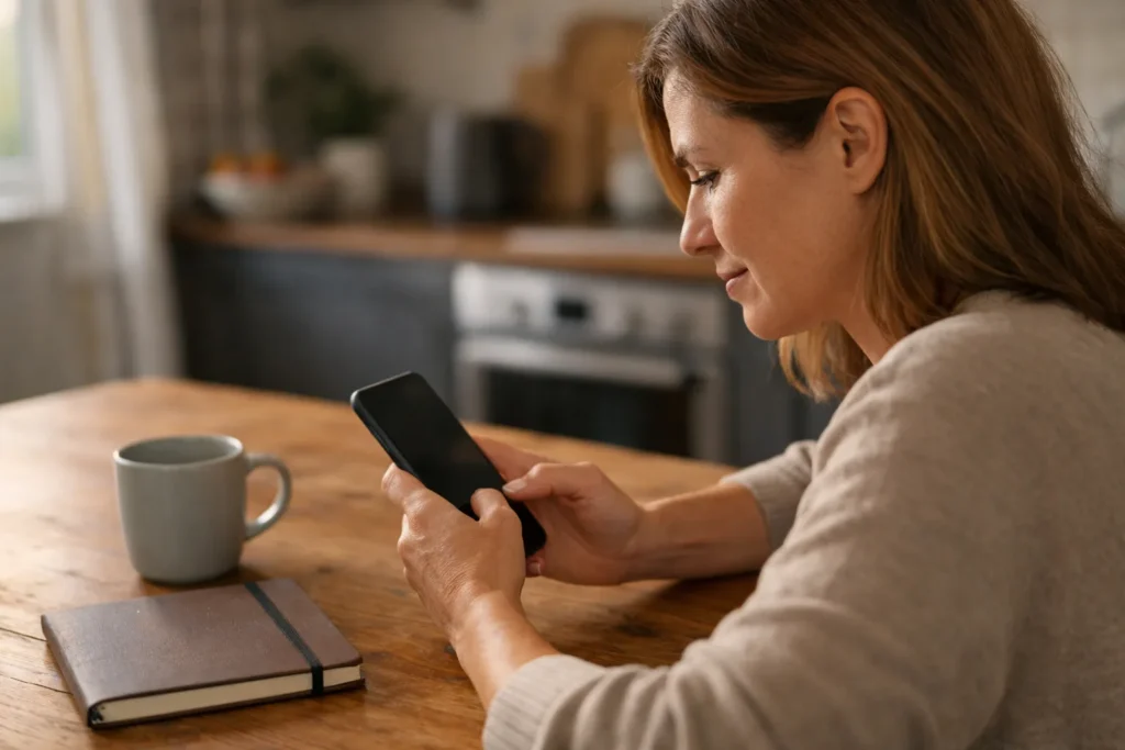 Een persoon bekijkt thuis op een smartphone de eigen video’s.