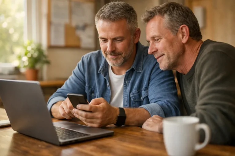 Twee mensen aan een tafel in een buurthuis delen een paginalink via een telefoon.