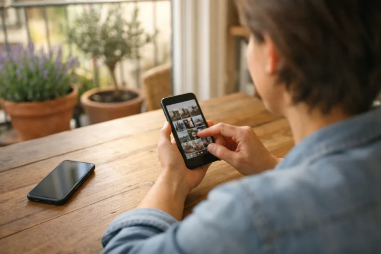 Persoon aan de keukentafel kiest op een telefoon een eigen foto om ook op Instagram te plaatsen.