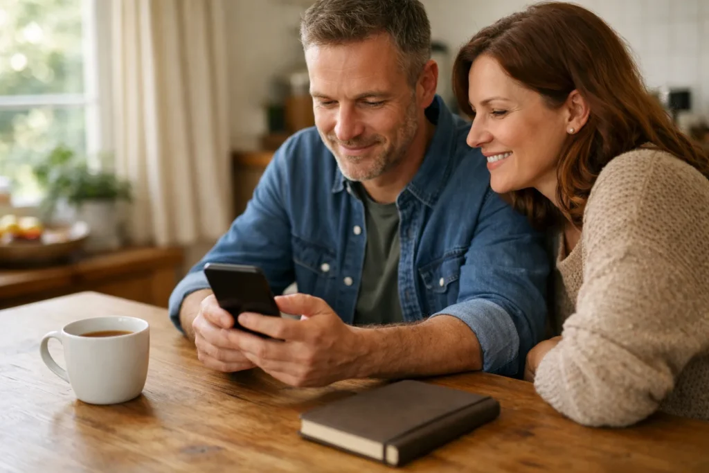Iemand gebruikt een smartphone aan de keukentafel terwijl een ander meekijkt.