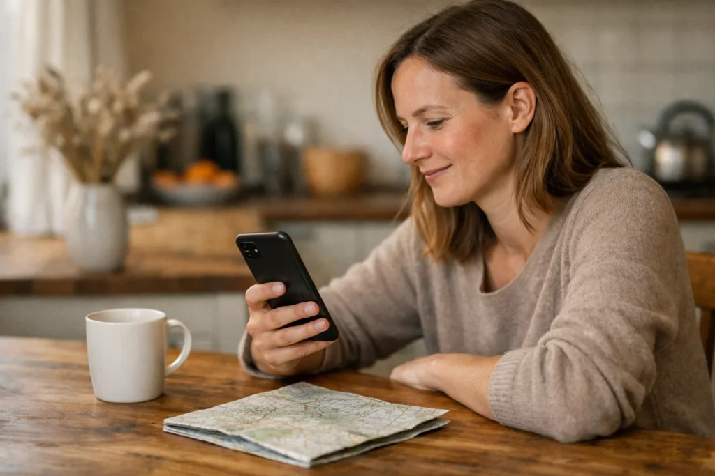 Persoon aan de keukentafel die een video deelt via een smartphone
