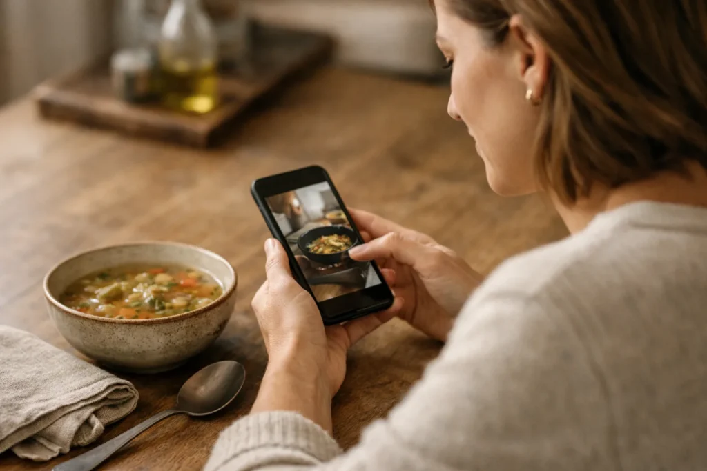 Persoon gebruikt een smartphone aan de keukentafel om een kookvideo te delen.