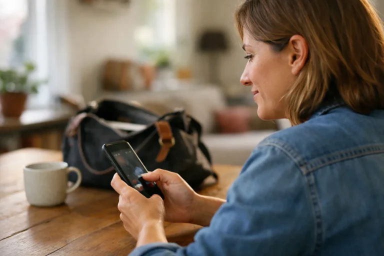 Persoon aan de keukentafel die een video via een smartphone doorstuurt.