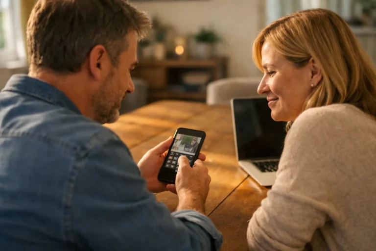 Twee mensen bekijken thuis een filmpje op een telefoon voordat ze het delen.