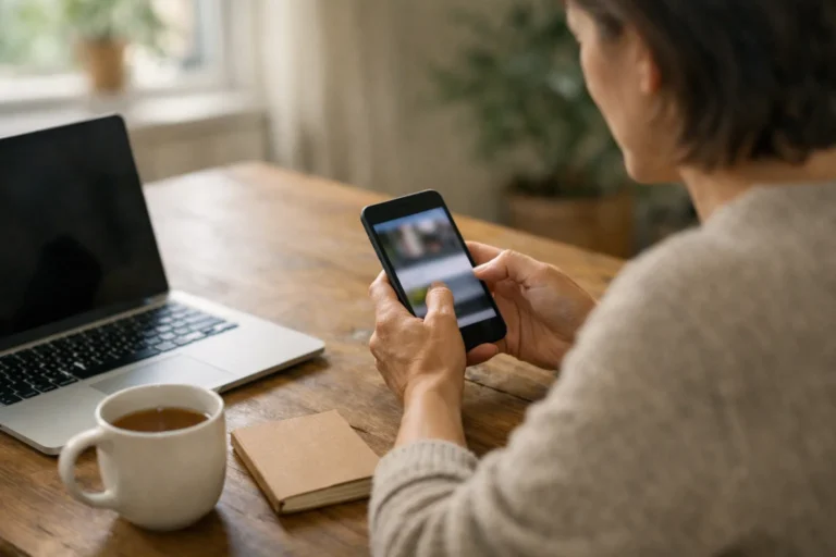 Persoon aan de keukentafel die op een telefoon een videolink deelt, met een laptop ernaast.