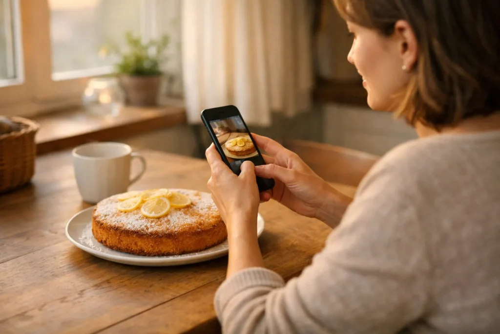 Persoon gebruikt een smartphone aan de keukentafel naast een zelfgebakken citroentaart.