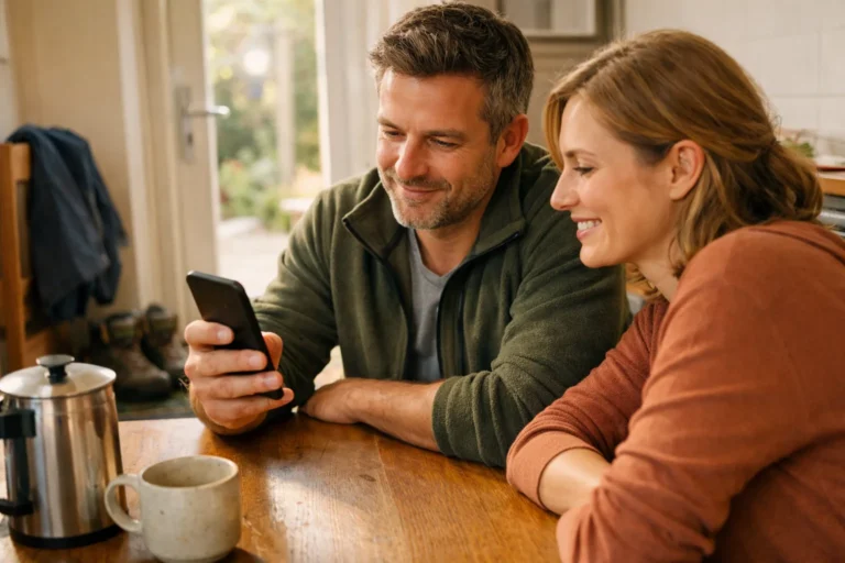 Iemand gebruikt een smartphone aan de keukentafel terwijl een huisgenoot meekijkt.
