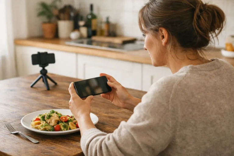 Een persoon bekijkt aan de keukentafel een eigen kookvideo op een telefoon.