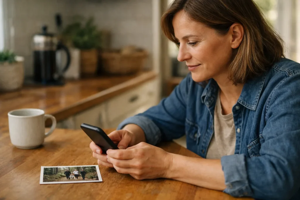Persoon gebruikt een smartphone aan de keukentafel om een eigen foto te delen.