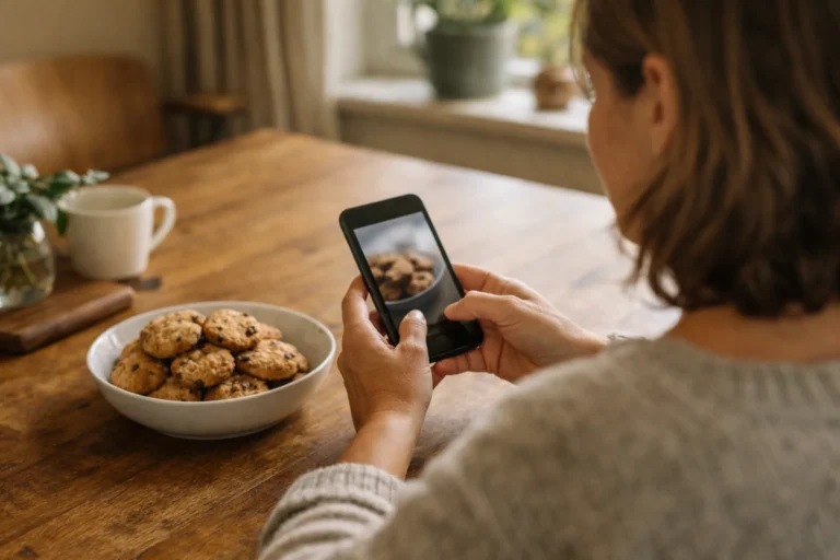 Iemand gebruikt een smartphone aan de keukentafel om een foto van zelfgebakken koekjes te delen.