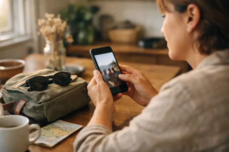 Persoon aan de keukentafel gebruikt een telefoon om een eigen video te delen.
