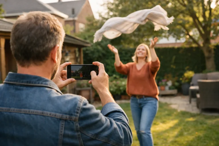 Iemand filmt met een telefoon een omhooggegooide sjaal om de beweging later te vertragen.
