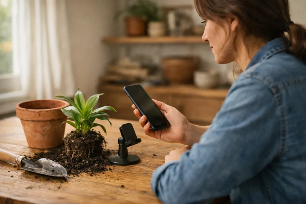 Persoon bekijkt een telefoon aan de keukentafel na het filmen van het verpotten van een plant.