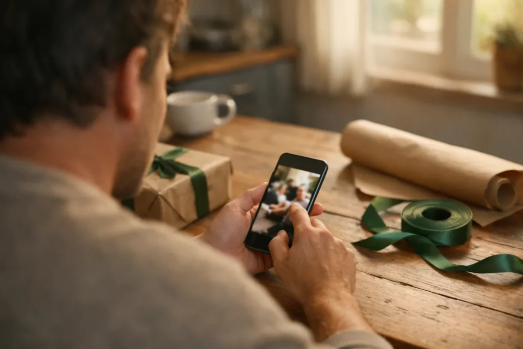 Persoon bekijkt een eigen video op een telefoon naast een half ingepakt cadeau.