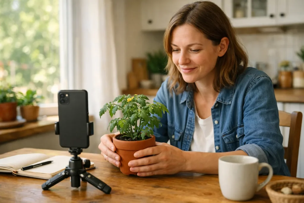 Persoon bereidt aan de keukentafel een live uitzending voor met een telefoon op een statief.