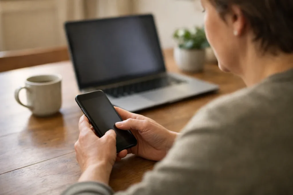 Persoon bekijkt een smartphone aan de keukentafel met een laptop ernaast.