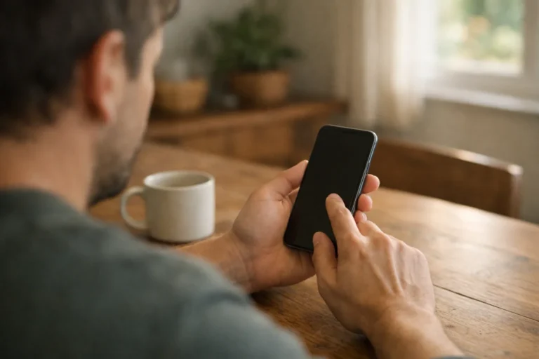 Iemand bekijkt een iPhone aan de keukentafel om meldingen te beheren.