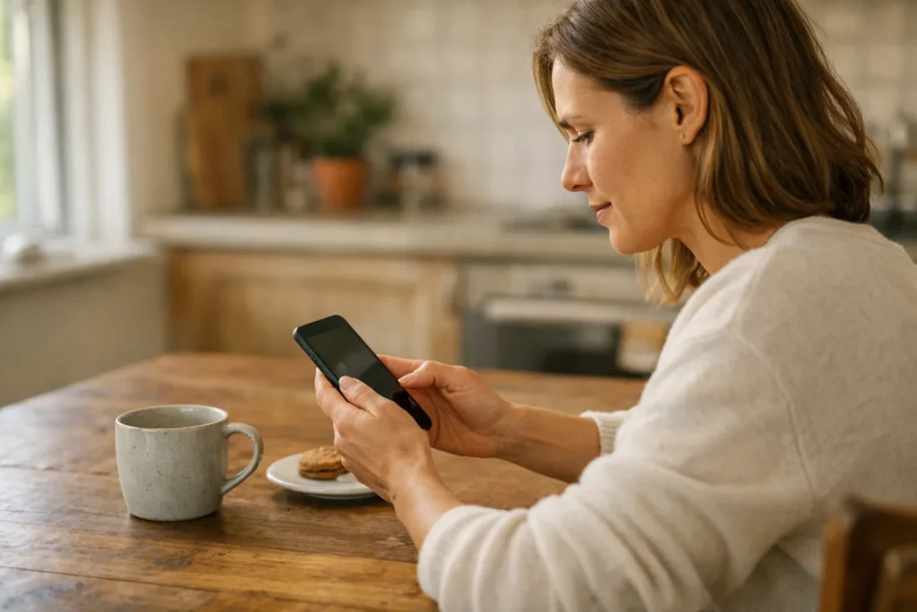 Persoon bekijkt een smartphone aan de keukentafel om instellingen voor delen te controleren.