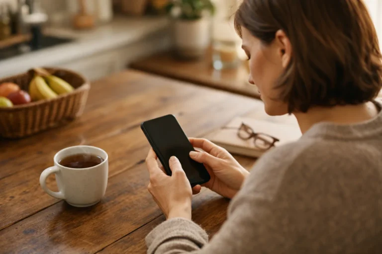 Persoon bekijkt foto's op een smartphone aan de keukentafel.