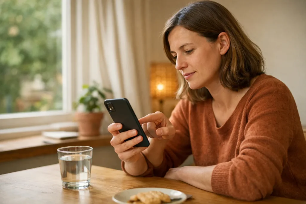 Persoon aan een eettafel die op een smartphone kiest welke video's te bekijken.