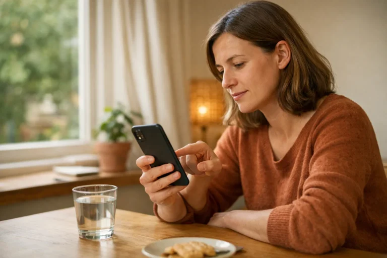 Persoon aan een eettafel die op een smartphone kiest welke video's te bekijken.