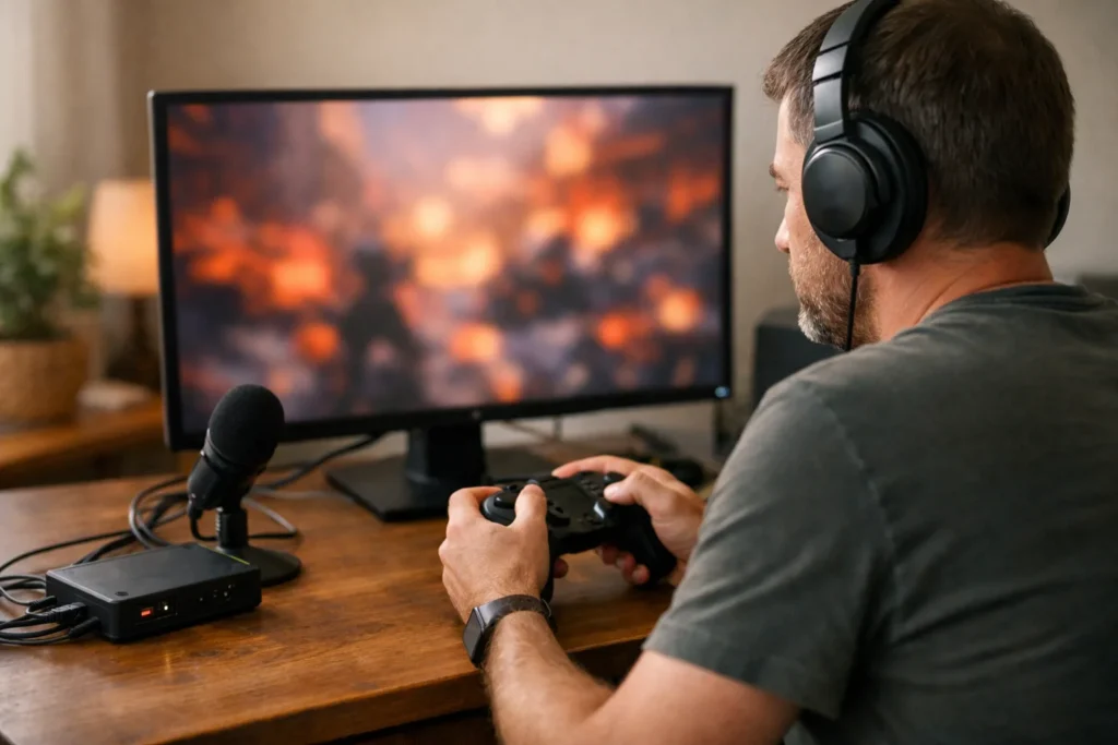 Persoon speelt thuis een game met een controller, koptelefoon en microfoon voor een live uitzending.