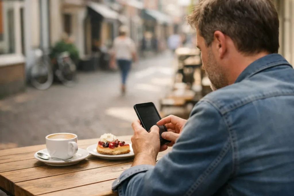 Persoon kijkt op een smartphone aan een terrastafel met koffie en gebak.