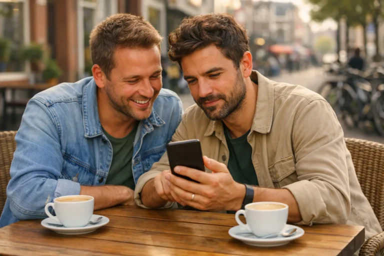 Twee vrienden bekijken samen een smartphone voordat ze een foto in een Instagram Story delen.