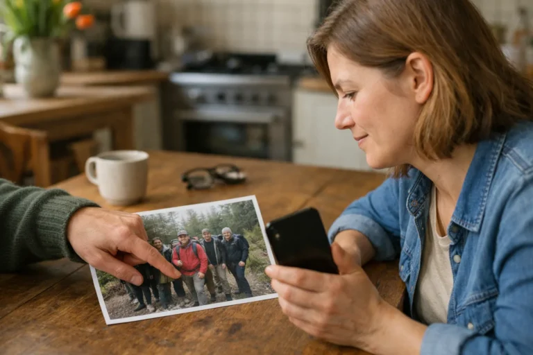 Twee mensen bekijken een groepsfoto en een telefoon om aan te wijzen wie op de foto staat.