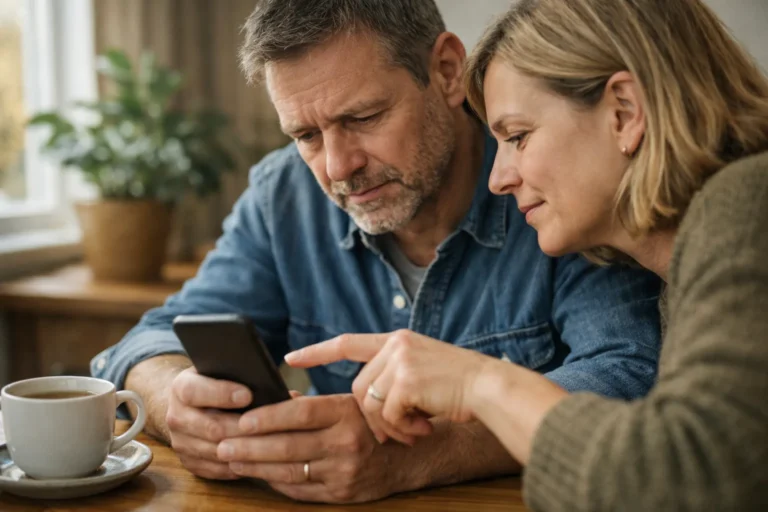 Twee mensen bekijken thuis samen een telefoon om een verdacht Facebook contact te controleren.