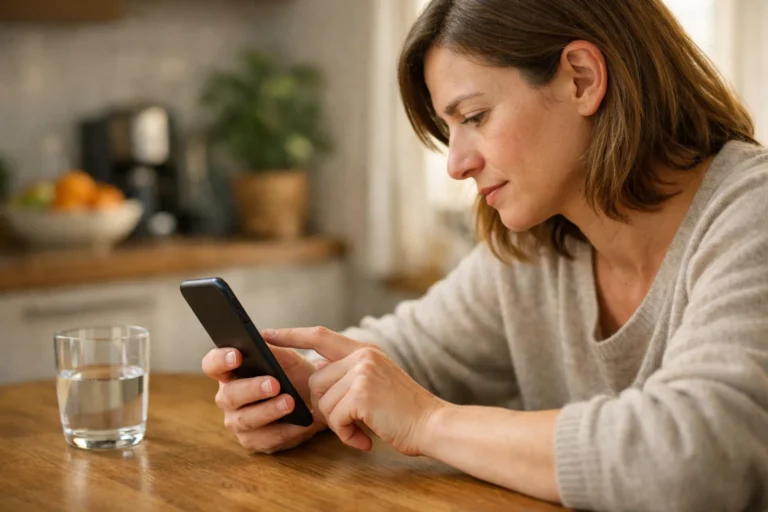 Iemand bekijkt aandachtig een video op een smartphone aan de keukentafel.