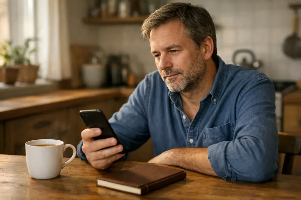 Persoon aan de keukentafel die naar een telefoon kijkt.
