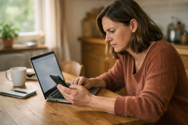 Persoon controleert een telefoon en laptop op verdachte activiteit in een Facebook account.