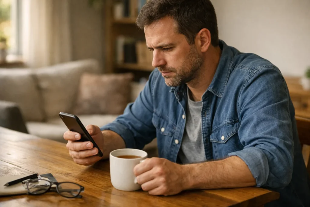 Persoon bekijkt een smartphone aan de eettafel thuis.