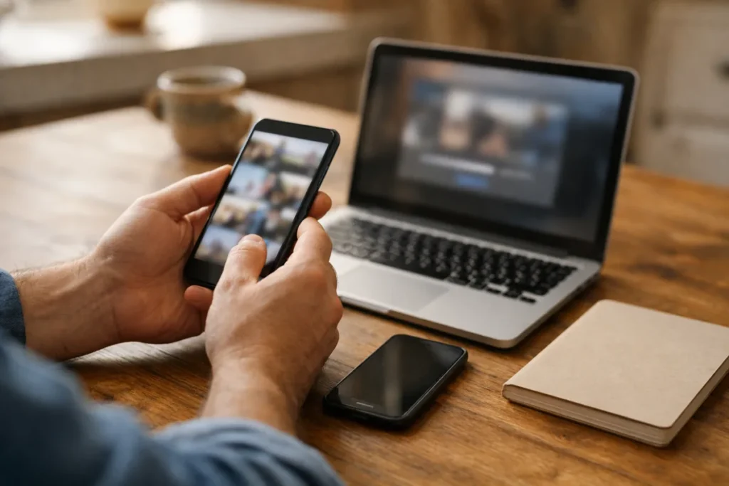 Persoon controleert een nieuwe telefoon met een oude telefoon en laptop op tafel.