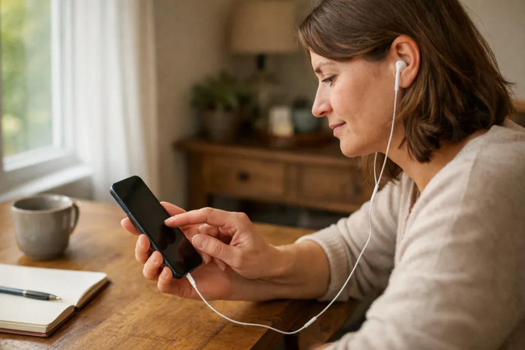 Persoon luistert met oortjes naar een video op de telefoon om het juiste stukje geluid te kiezen.