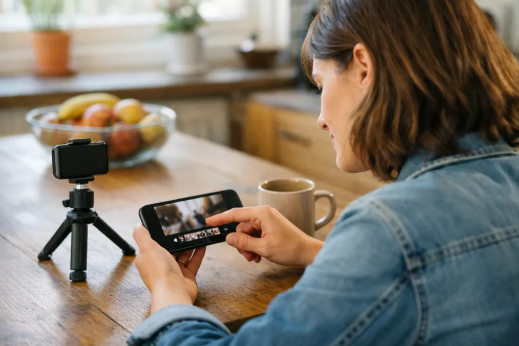 Persoon bekijkt een video op de telefoon aan de keukentafel om deze in te korten.