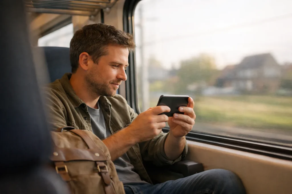 Reiziger bekijkt zonder oortjes een video op een telefoon in de trein.