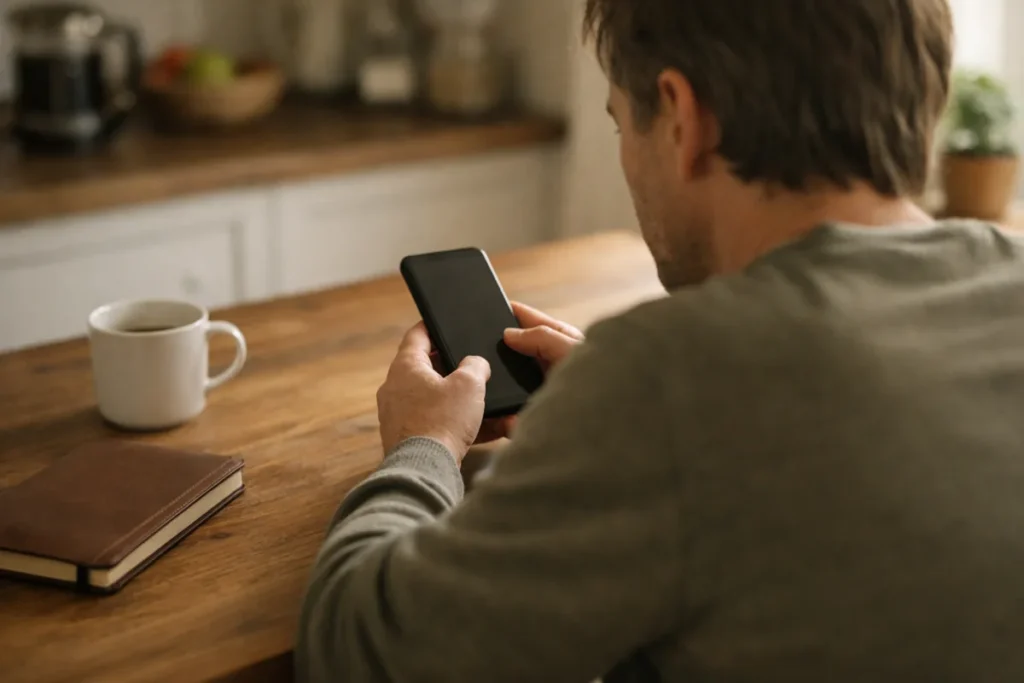 Persoon bekijkt een smartphone aan de keukentafel bij natuurlijk daglicht.
