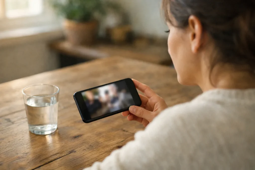 Iemand bekijkt een video op een smartphone aan een houten keukentafel.