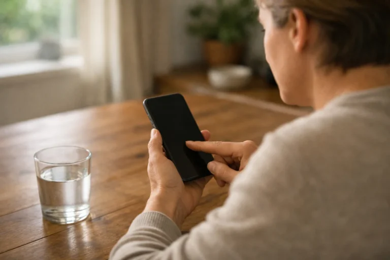 Iemand bekijkt thuis een smartphone om reacties bij een bericht te beheren.