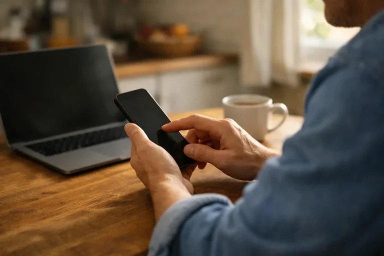 Persoon bekijkt een smartphone aan de keukentafel met een laptop op de achtergrond.