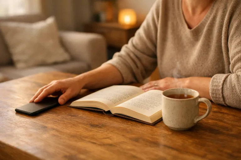 Persoon legt een telefoon met het scherm naar beneden naast een open boek op tafel.