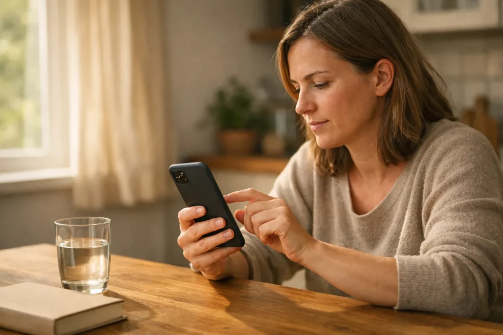 Persoon bekijkt thuis een smartphone om meldingen aan te passen.