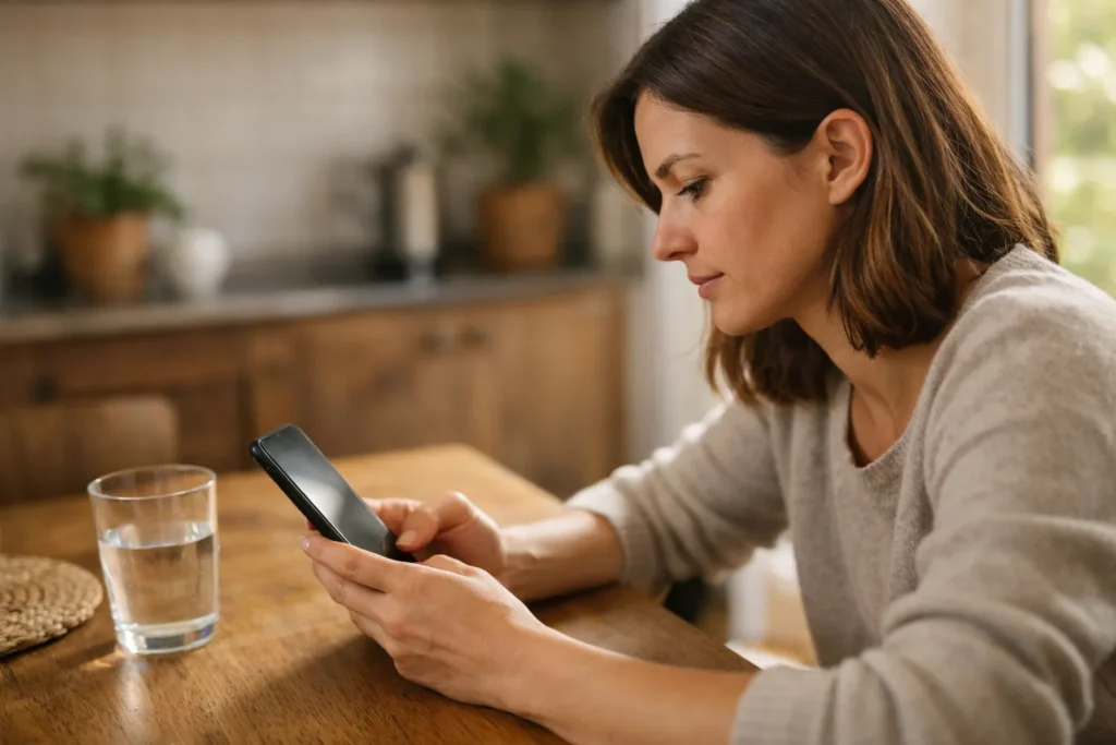 Persoon aan de keukentafel die een privacyinstelling op de telefoon controleert