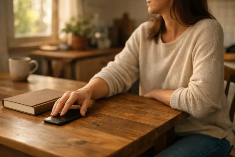 Iemand legt een telefoon met het scherm naar beneden op tafel om te stoppen met scrollen.