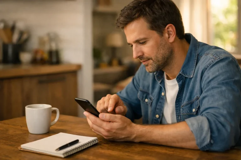 Persoon aan de keukentafel die aandachtig een keuze op een smartphone controleert.