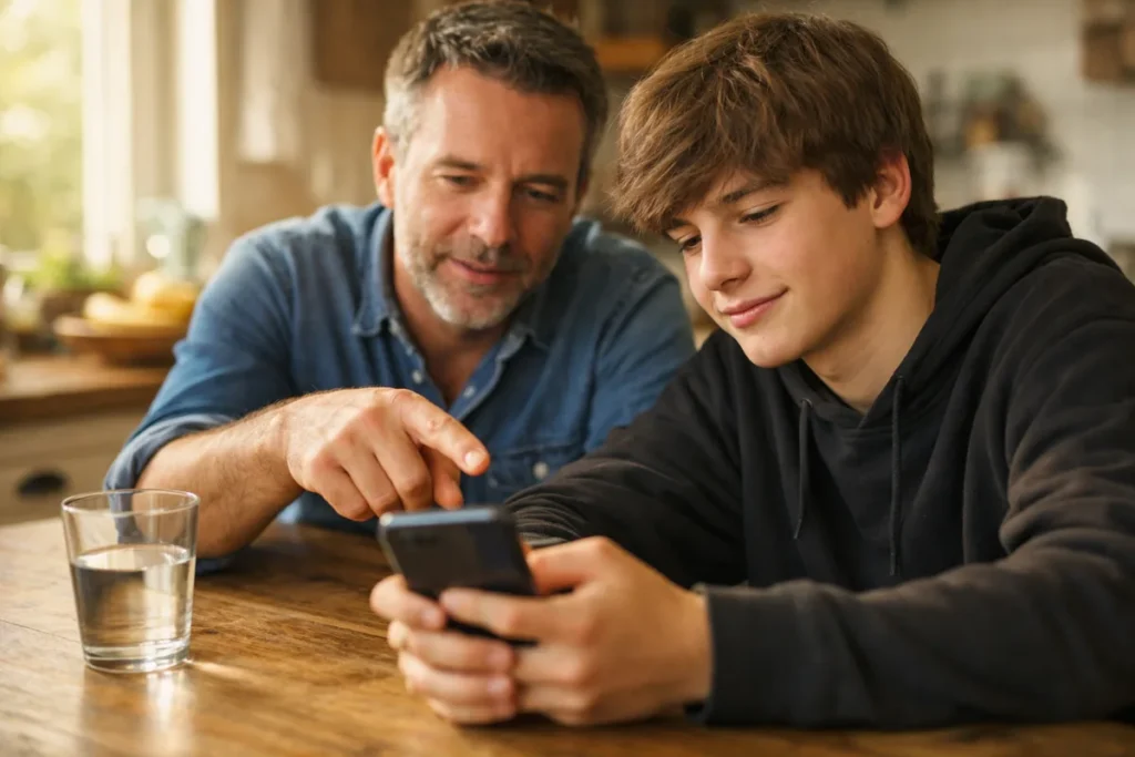 Ouder en tiener bekijken samen instellingen op een telefoon aan de keukentafel.