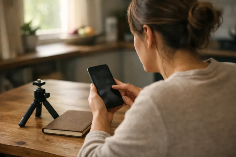 Persoon bekijkt een smartphone aan de keukentafel om instellingen voor het delen van video's aan te passen.