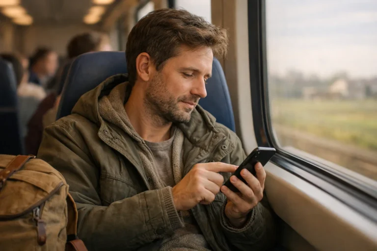 Een reiziger zet het volume van een smartphone lager in de trein.
